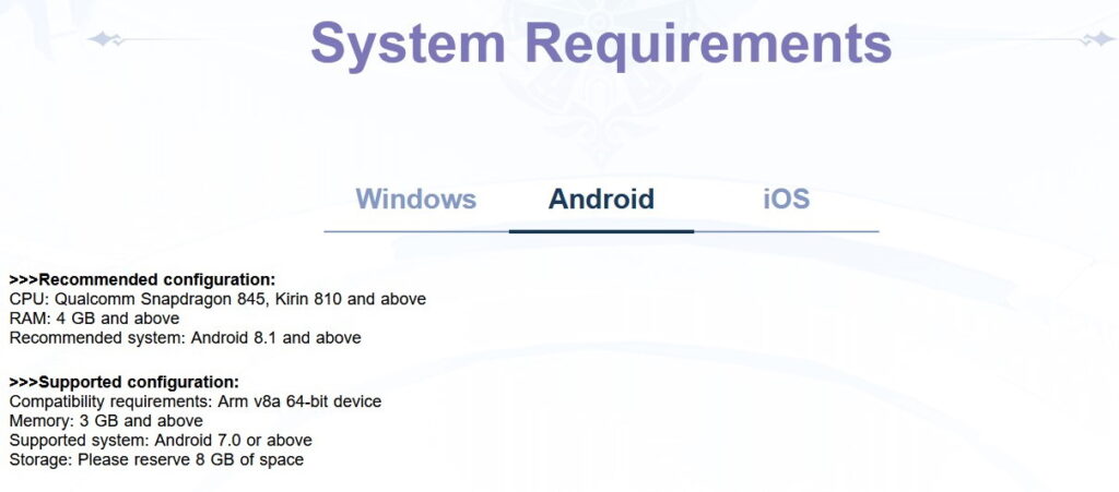 genshin system requirements phone