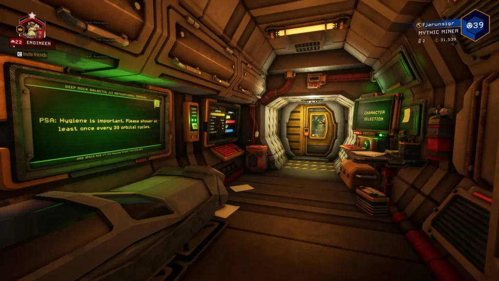 The player home room pod in deep rock galactic